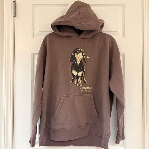 Motivated by Treats Dachshund Dog Sweatshirt Hoodie- Brown, size M, Oversized - Picture 2 of 5